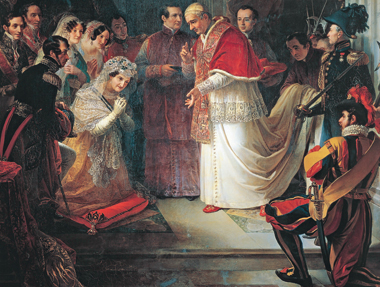 DISCENDENTE DI NOBILE STIRPE -  Un dipinto del matrimonio tra Maria Cristina di Savoia e Ferdinando II di Borbone nel santuario di Nostra Signora dellâ€™Acquasanta a Genova. In alto: ritratto di famiglia della giovane Maria Cristina con il padre Vittorio Emanuele I, la madre e le sorelle.