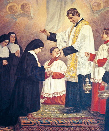 Nel dipinto: san Giovanni Bosco consegna le regole delle Figlie di Maria Ausiliatrice a Maria Domenica Mazzarello